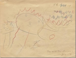 {Suzanne's First Drawing, Age 3} I confess.  It’s true.  Before I wrote, I drew! An artist at three, marking the page  – my dad and I were circles with little circle eyes. We looked like a jellyfish family. 